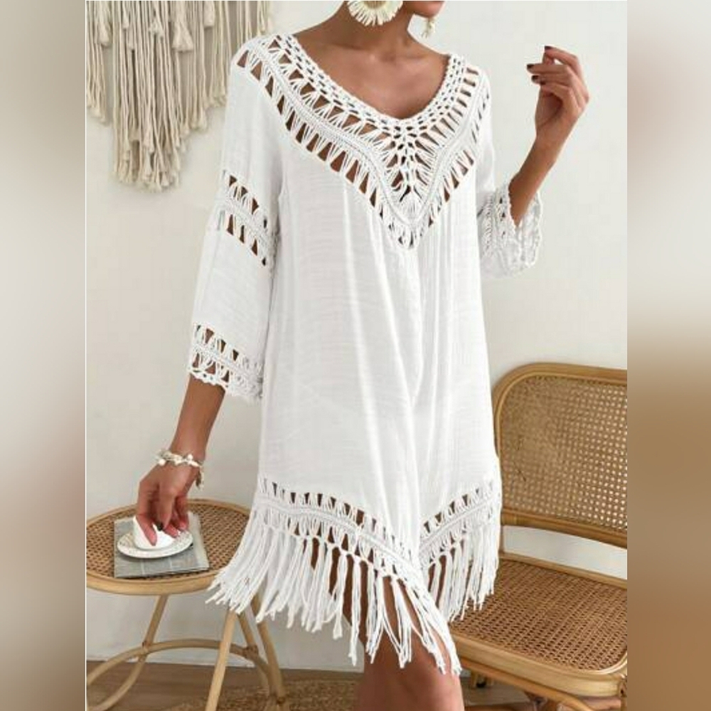 NWOT Boho Crochet Fringe Hem Cover Up Dress White large - Picture 2 of 12